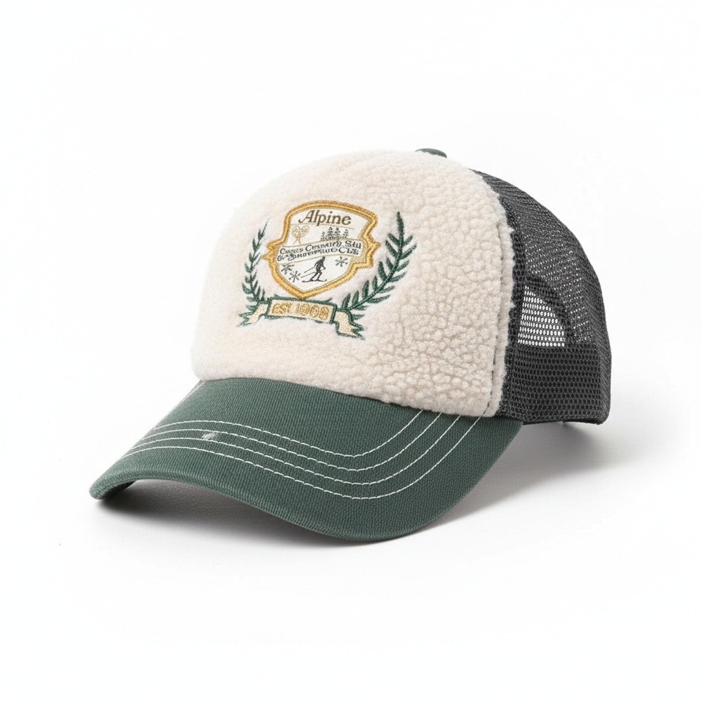 Anthropologie Alpine Ski‎ Snowshoe Club Trucker Hat Sherpa Fleece Mesh Cap Green